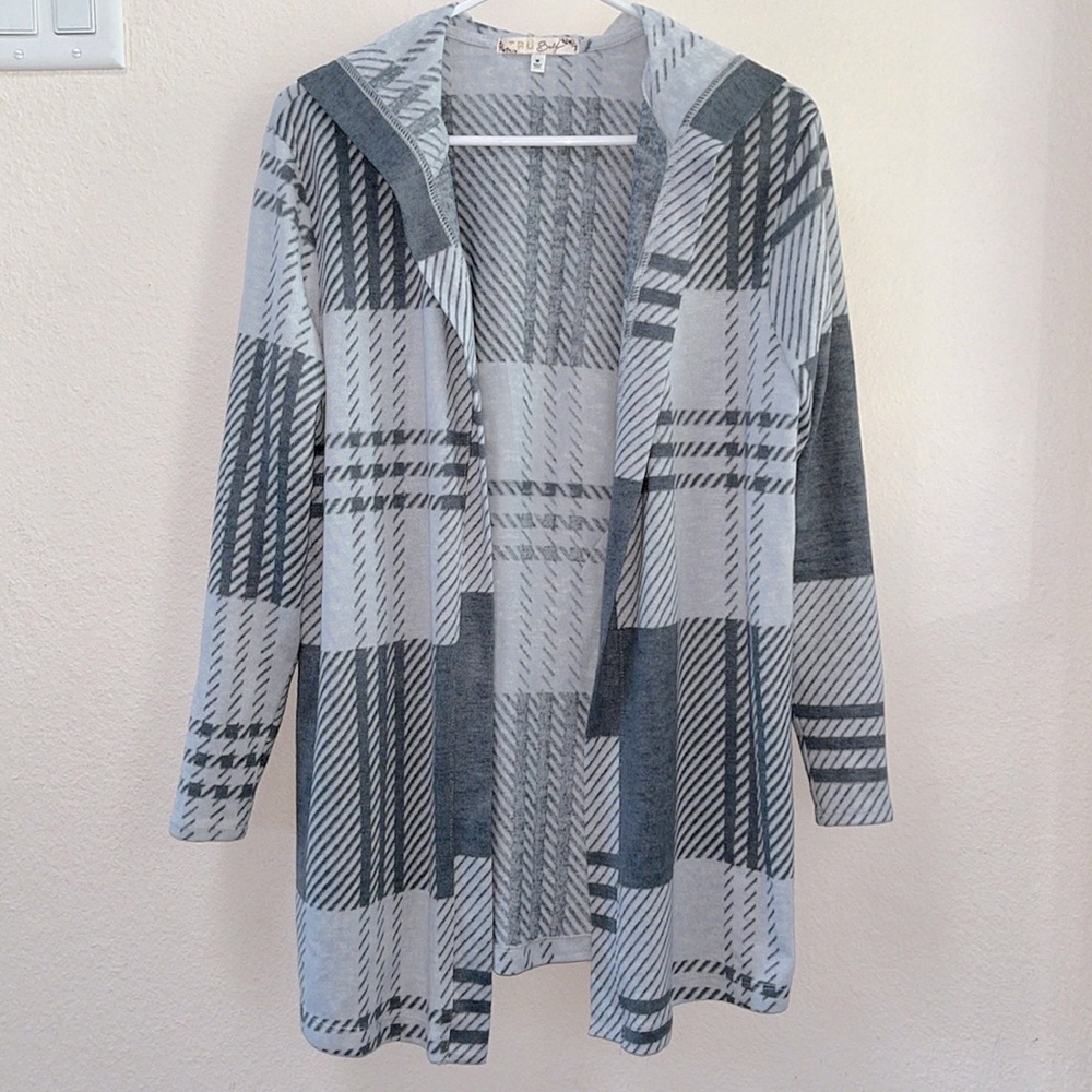 TRU Self Gray Two Tone Colorblock Striped Open Cardigan w/ Hood, Size Medium